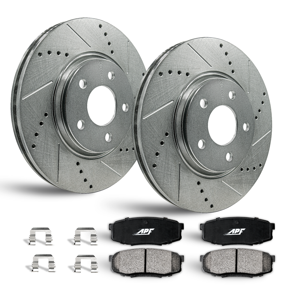 APF Front Brake Kit compatible with INFINITI Q70L 2015-2019 | Zinc Drilled Slotted Rotors with Ceramic Carbon Fiber Brake Pads