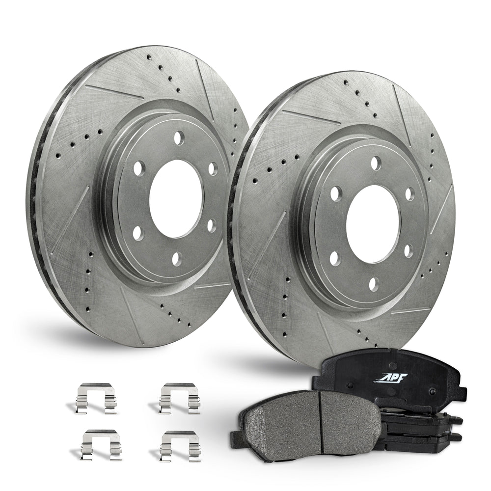 APF Rear Brake Kit compatible with GMC Envoy 2002-2009 | Zinc Drilled Slotted Rotors with Ceramic Carbon Fiber Brake Pads