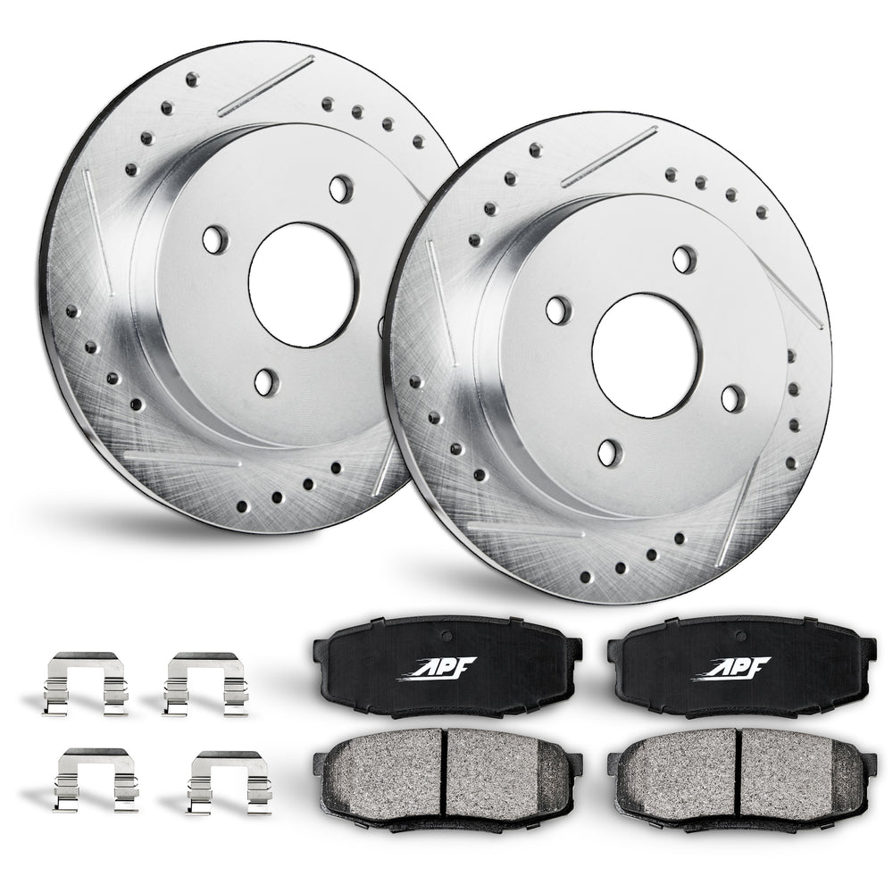 APF Front Brake Kit compatible with Ford Fiesta 2011-2019 | Zinc Drilled Slotted Rotors with Ceramic Carbon Fiber Brake Pads