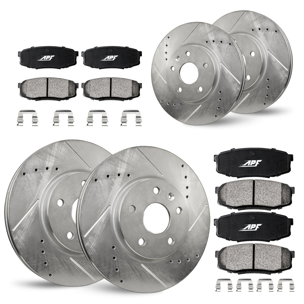 APF Full Kit compatible with Mitsubishi Lancer 2008-2016 | Zinc Drilled Slotted Rotors with Ceramic Carbon Fiber Brake Pads