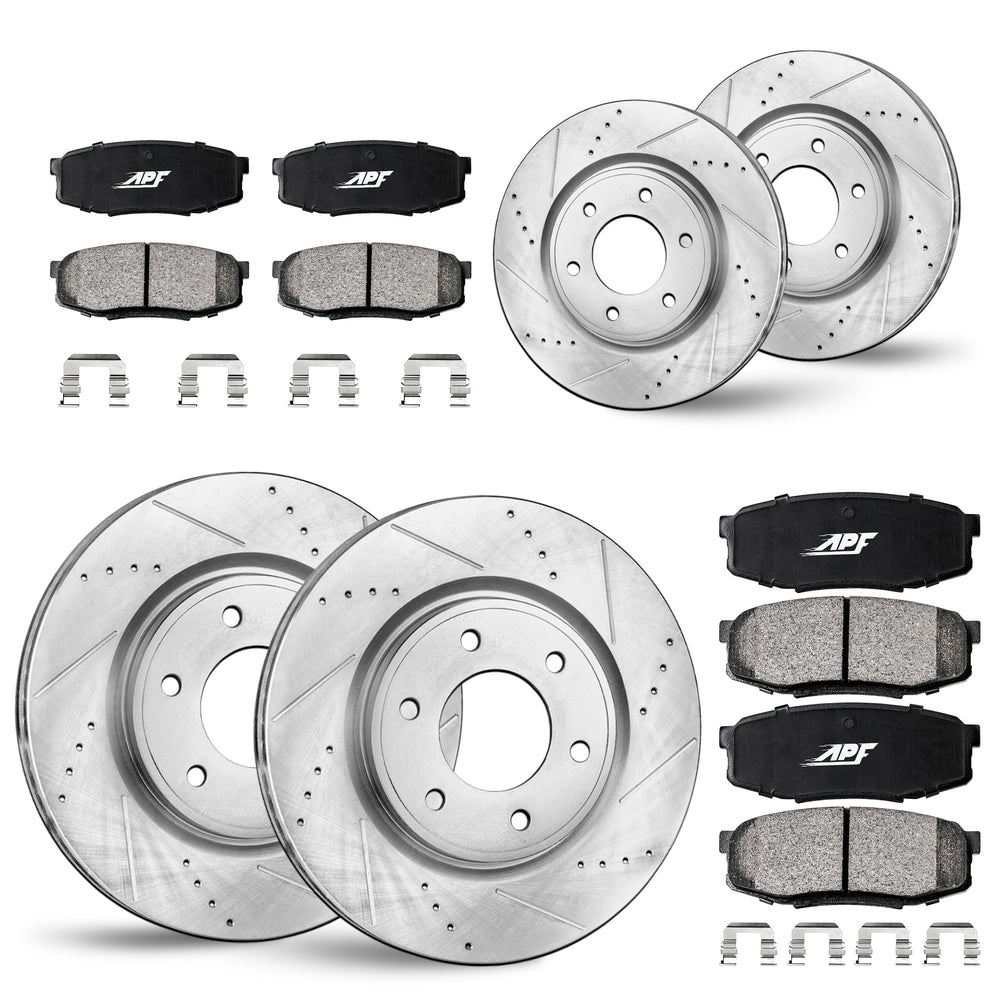 APF Full Kit compatible with Nissan Armada 2012-2018 | Zinc Drilled Slotted Rotors with Ceramic Carbon Fiber Brake Pads