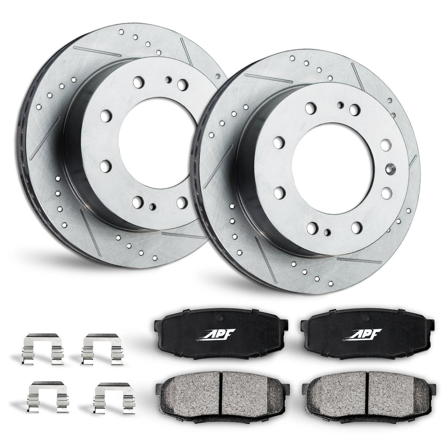 APF Rear Brake Kit compatible with Chevrolet Silverado 1500 HD | Zinc Drilled Slotted Rotors with Ceramic Carbon Fiber Brake Pads