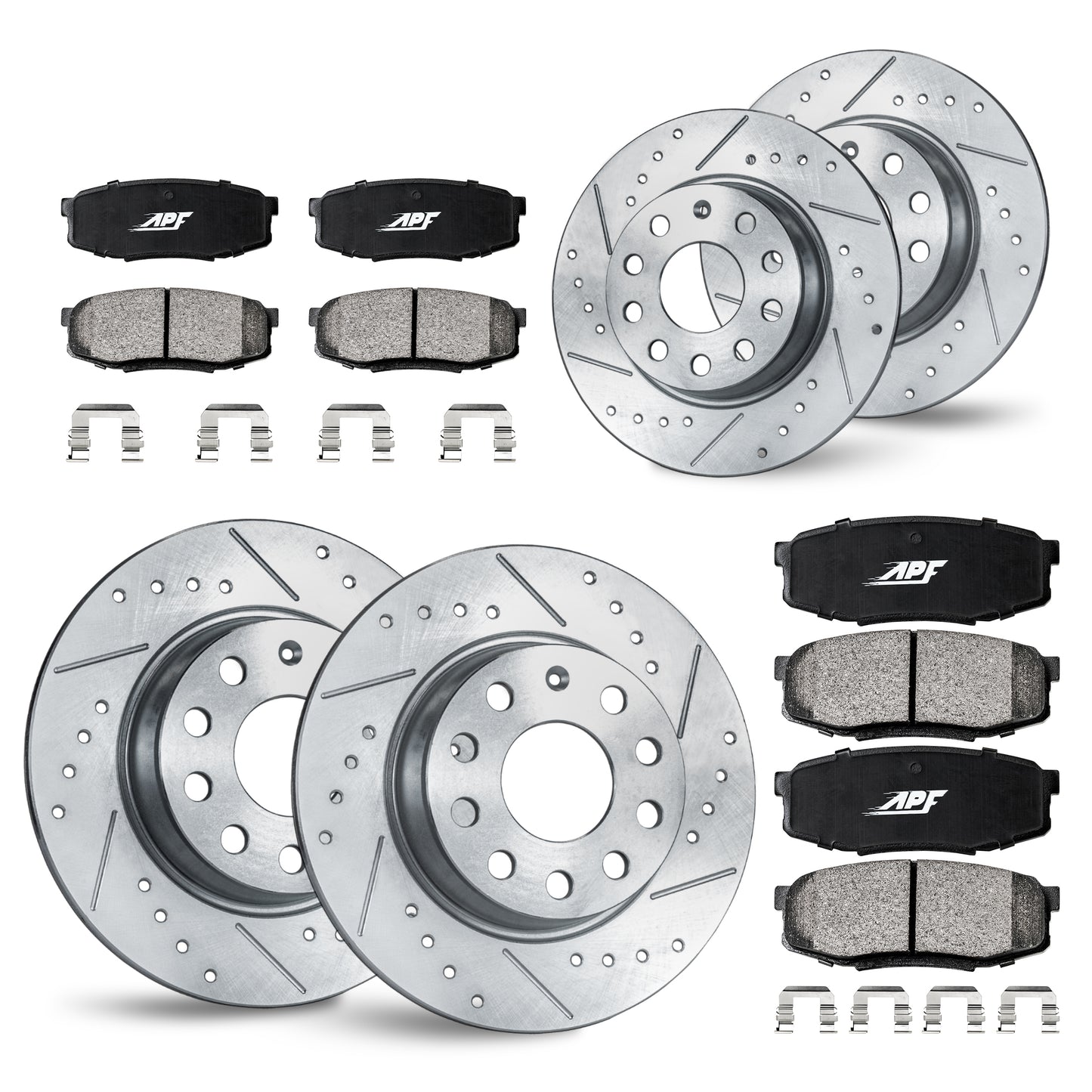 APF Full Kit compatible with Volkswagen Passat 2006-2008 | Zinc Drilled Slotted Rotors with Ceramic Carbon Fiber Brake Pads