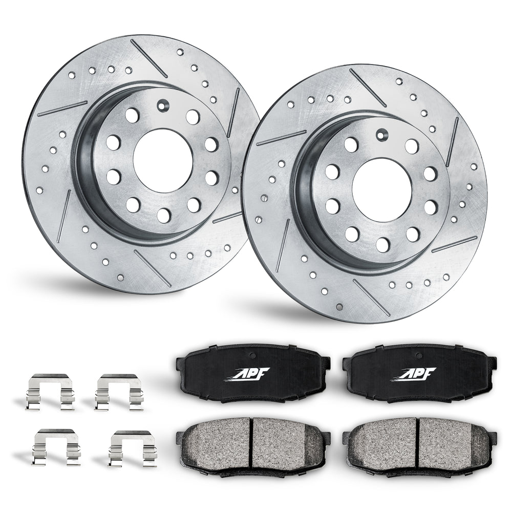 APF Rear Brake Kit compatible with Audi A3 2010-2013 | Zinc Drilled Slotted Rotors with Ceramic Carbon Fiber Brake Pads