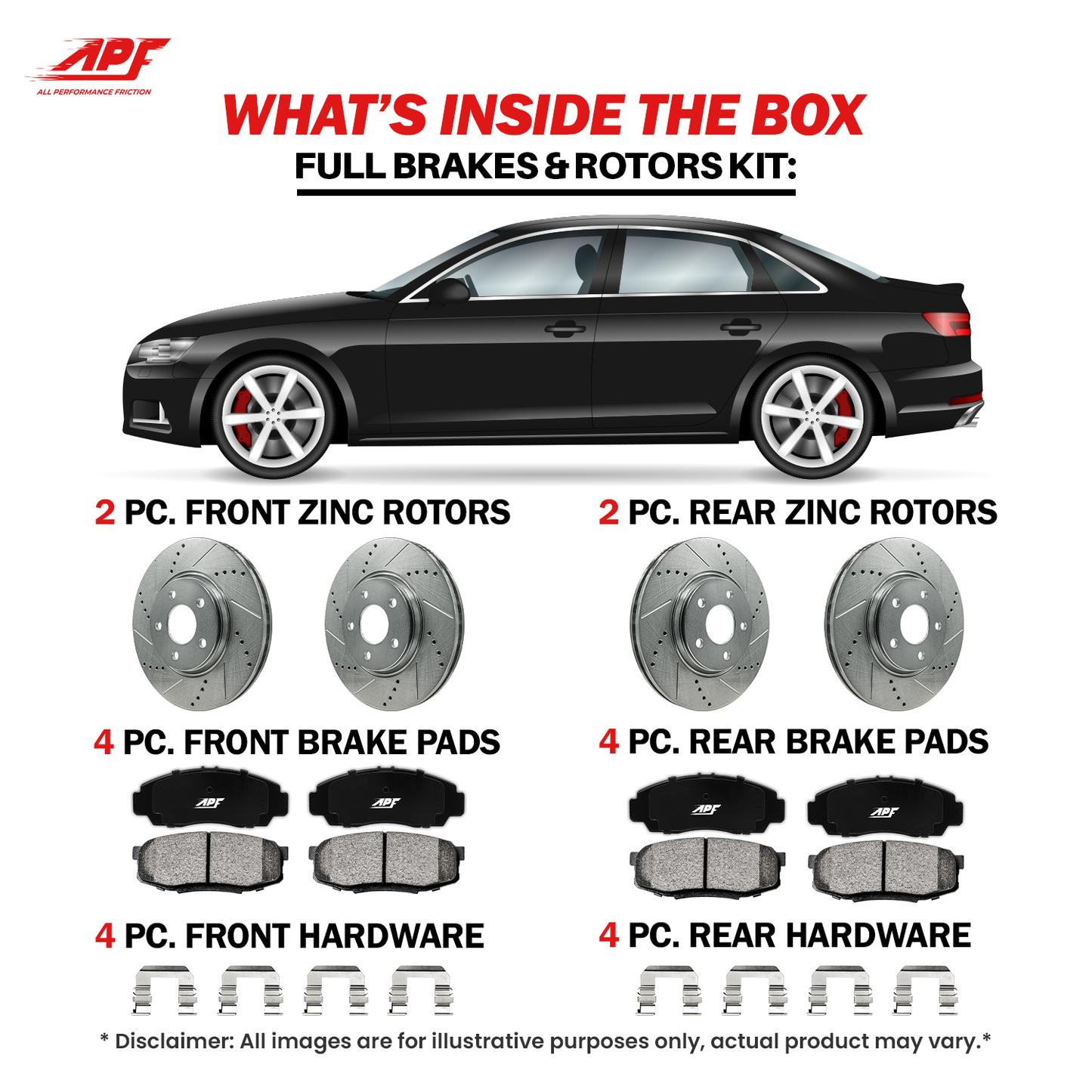 APF All Performance Friction Front and Rear Rotors and Pads Full Kit compatible with Volkswagen Passat 2006-2008 Zinc Drilled Slotted Rotors with Ceramic Carbon Fiber Brake Pads | $474.97