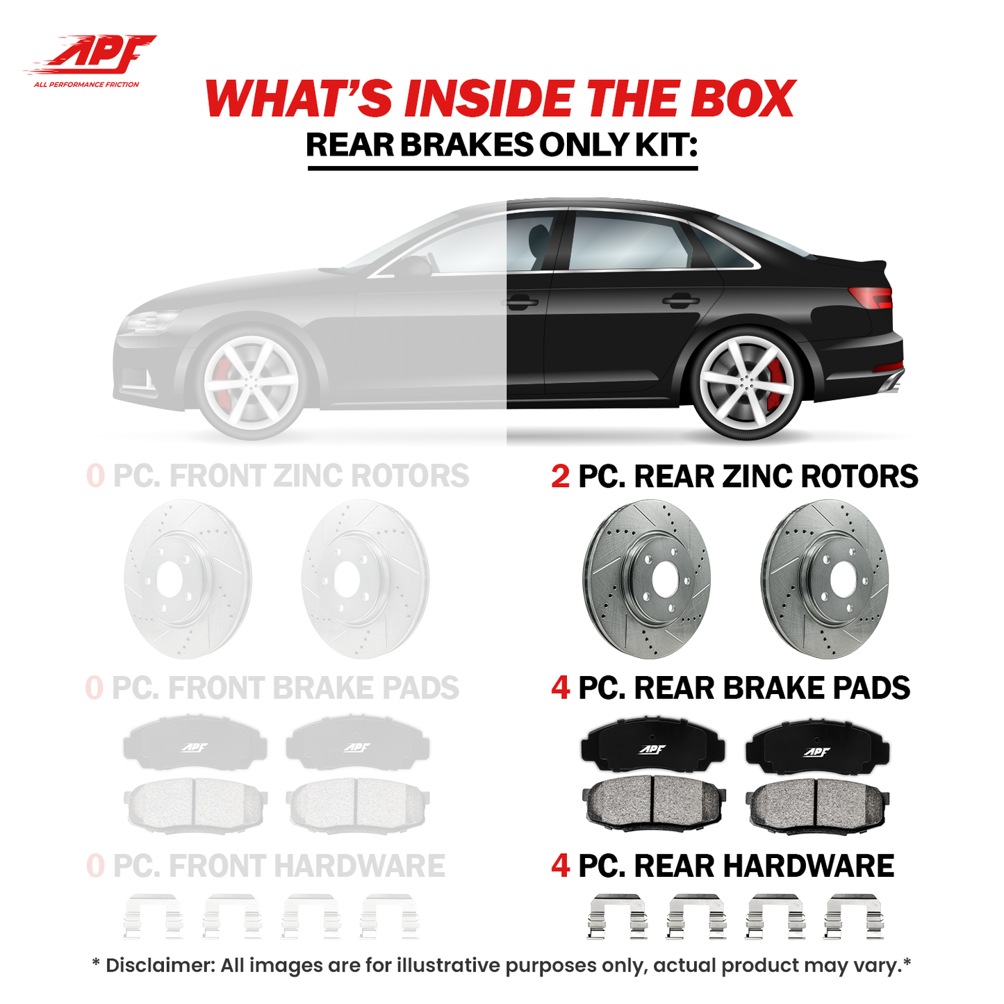 APF All Performance Friction Rear Rotors and Pads Half Kit compatible with Mazda 3 04-13 Zinc Drilled Slotted Rotors with Ceramic Carbon Fiber Brake Pads | $78.55