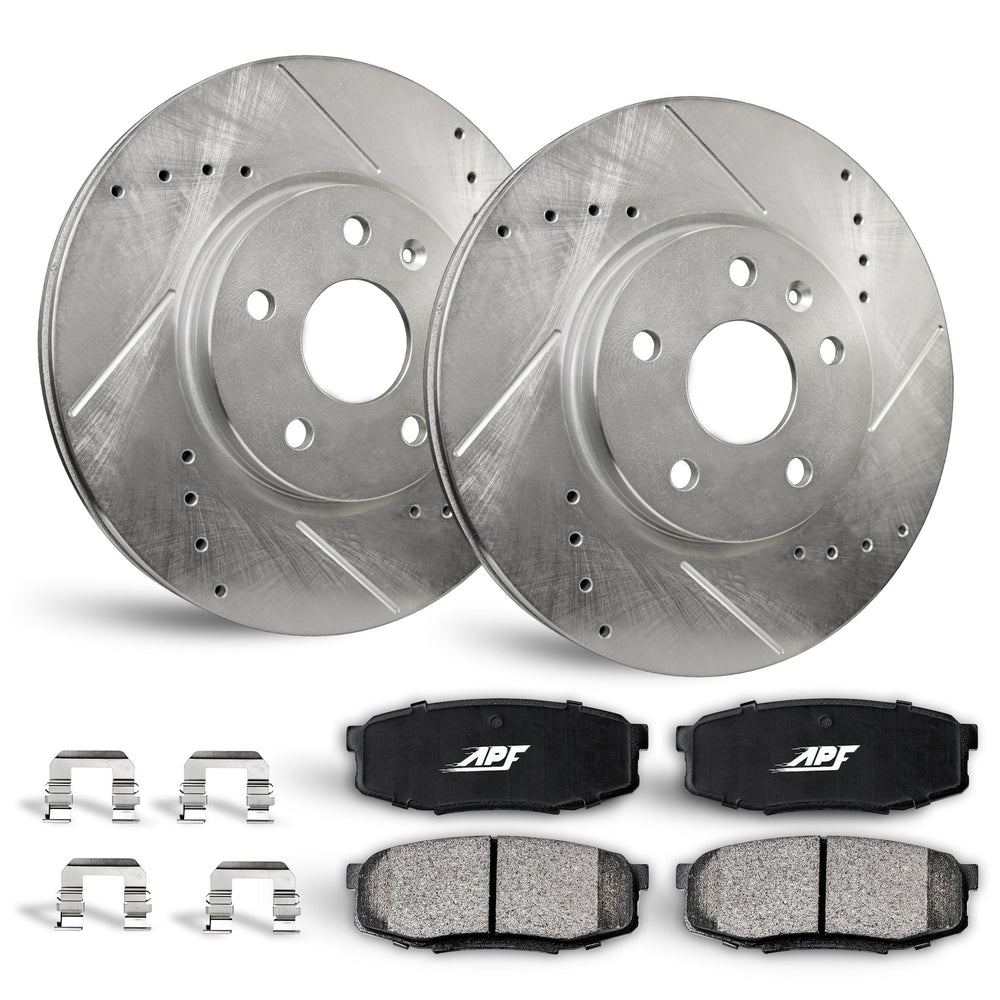 APF Front Brake Kit compatible with Acura CL 01-03 TL 1999-08 | Zinc Drilled Slotted Rotors with Ceramic Carbon Fiber Brake Pads